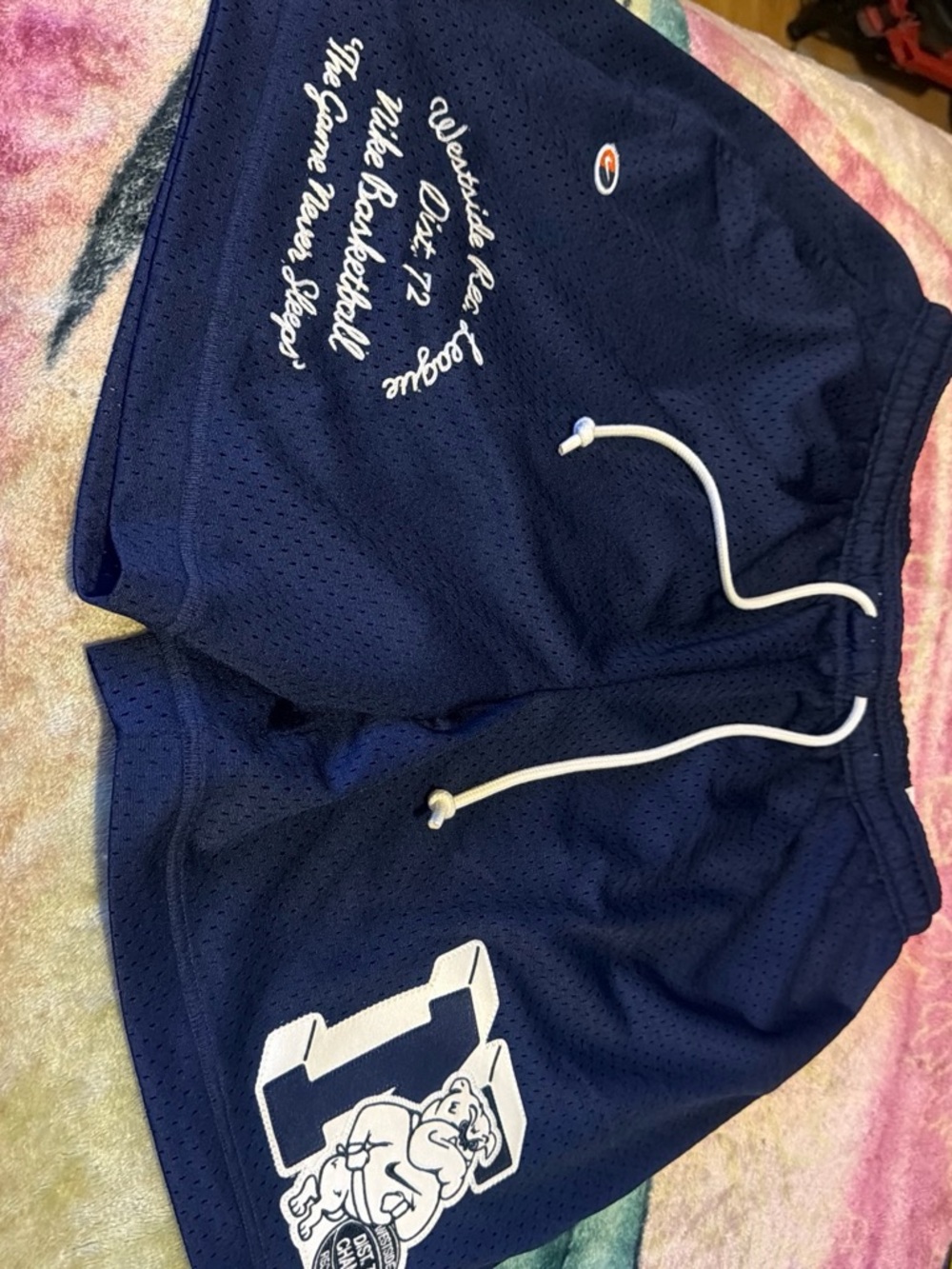 Champion Men’s Dark Navy Athletic Mesh Shorts with White Drawstring